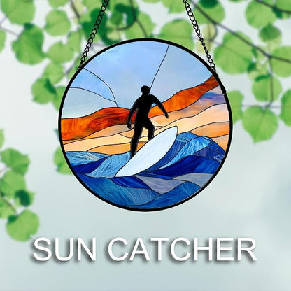 AMDERVEN Stained Glass Window Hanging 4 Pcs Set Blue Ocean Surfing Beach 6.3" - Suncatcher Door Garden Sun Catcher Decor Birthday Mother's Day for Firefighte Men Woman Nana Mom