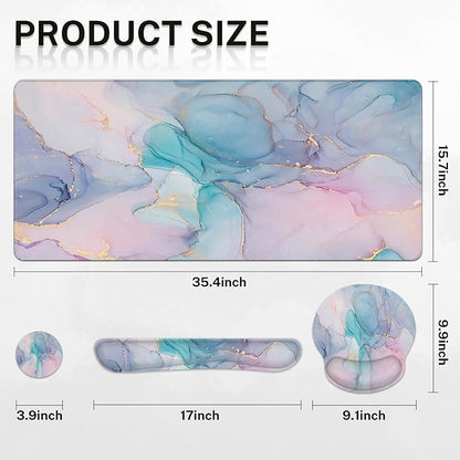 Britimes Blue Purple Liquid Marbling Keyboard Mouse Pad Set 4in1 Large Mousepad+Keyboard Wrist Rest+Mouse Wrist Rest+Coaster Ergonomic Design for Home Office Computer 35.4x15.7 inches
