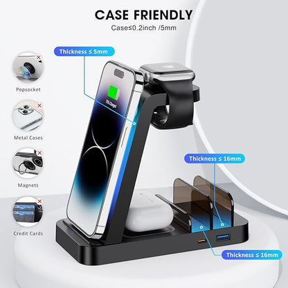 Wireless Charger for iPhone - 5 in 1 Charging Station for Multiple Devices Apple: Fast Wireless Charging Stand Dock for iPhone 16e 16 15 14 13 12 Pro Max Apple Watch Airpods