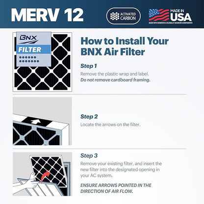 BNX TruFilter 14x30x1 MERV 12 Odor Defense (4-Pack) AC Furnace Air Filter with Activated Carbon - MADE IN USA - Pleated Air Conditioner HVAC AC Furnace Filters - Removes Odor, Mold, Bacteria, Smoke
