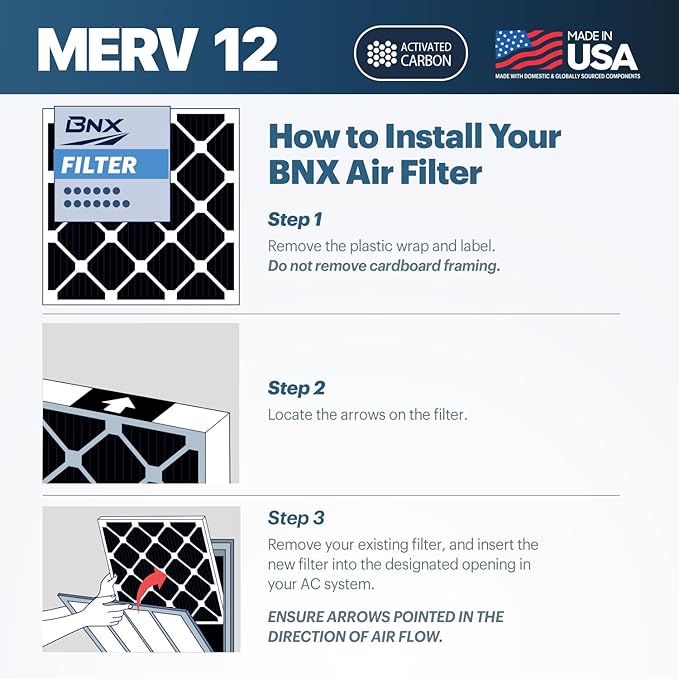 BNX TruFilter 14x30x1 MERV 12 Odor Defense (2-Pack) AC Furnace Air Filter with Activated Carbon - MADE IN USA - Pleated Air Conditioner HVAC AC Furnace Filters - Removes Odor, Mold, Bacteria, Smoke