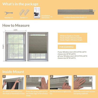 Boolegon No Drill No Tools Cellular Shades Top Down Bottom Up Honeycomb Blinds Blackout Cordless Cellular Shades Easy to Install Blinds for Windows,Custom Size,Blackout Blue Gray
