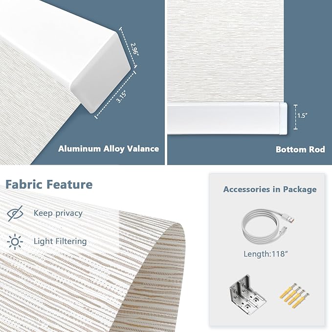 COOLWINDS Motorized Blinds with Remote Cordless Automatic Motorized Shades Custom Blinds for Windows Smart Curtains Compatible with Alexa Google Home(Light Filtering Jacquard Beige,W29 x H72in)