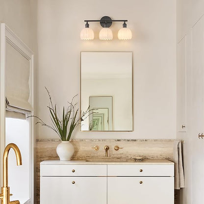 Shenmoyl Bathroom Light Fixtures, 3-Light Black Vanity Wall Light Over Mirror with White Tulip Glass Shade for Bedroom Living Room (Bulb Not Included)