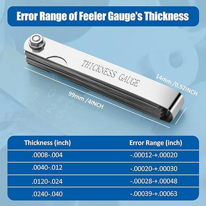 CHERALKEST Feeler Gauge Set Stainless Steel Thickness Gauge 32 Blades 0.04-0.88 mm (0.0015-0.035 Inch) Dual Marked Metric and Imperial Measuring Tools for Measuring Gap Widths and Thicknesses