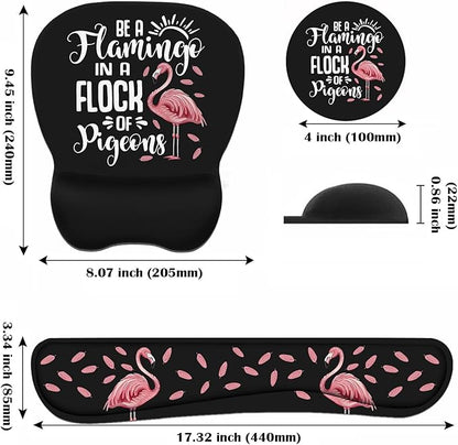 Mouse Pad Wrist Support and Keyboard Wrist Rest Set with Coasters, Inspirational Quote Be a Flamingo in a Flock Pigeons with Non-Slip PU Base Ergonomic Mousepad for Computer Laptop Home Office