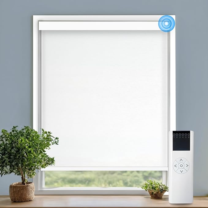 COOLWINDS Motorized Blinds with Remote Cordless Automatic Motorized Shades Custom Blinds for Windows Smart Curtains Compatible with Alexa Google Home(Light Filtering Jacquard White,W42 x H72in)