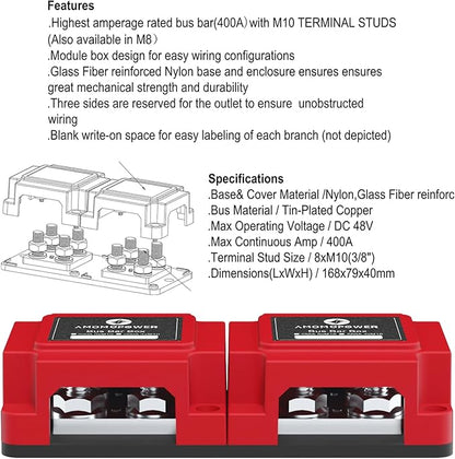 AMOMD 400A Bus Bar 8 M10 (3/8 inch) Terminal Studs Modular Design Tin Plated Copper Distribution Block Positive Pole Electrical Buss Bars 12-48 V DC with Cover for Trailer Marine Boat Car RV