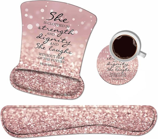 Ergonomic Mouse Pad Wrist Support and Keyboard Wrist Rest Set with Coasters, Non-Slip PU Base, Easy Typing and Relieve Wrist Pain, Perfect for Home Office Working Studying, Bible Verses Proverbs 31:25