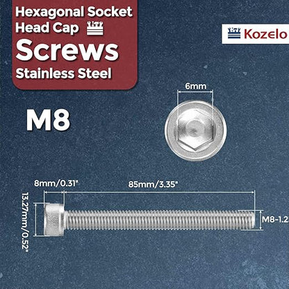 Kozelo 4pcs Socket Head Cap Screws - [M8-1.25 x 85mm] 304 Stainless Steel Allen Socket Drive for Electrical Motor 3D Printing Fan Engine Replacement Use, Silver
