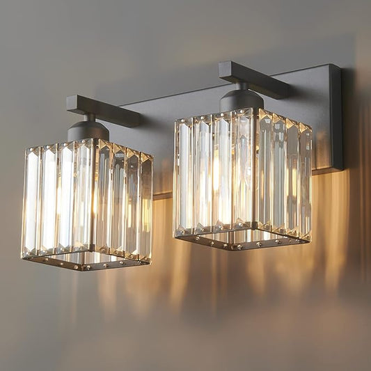 FDPBY Modern Bathroom Vanity Light 2-Lights Black Crystal Bathroom Wall Light Vanity Light Fixtures，12.59-inch Modern Minimalist Design