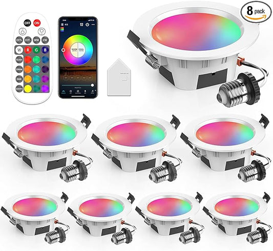 Vanance Smart Recessed Lighting 3 Inch, Dimmable, Tunable 2700K~6500K, CRI80+, RGB Color Changing LED Downlight Compatible with Alexa Google Home, Remote Control Small Canless Light, 8Pack