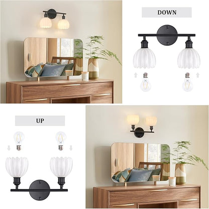 Shenmoyl Bathroom Light Fixtures, 2-Light Black Vanity Wall Light Over Mirror with White Tulip Glass Shade for Bedroom Living Room (Bulb Not Included)