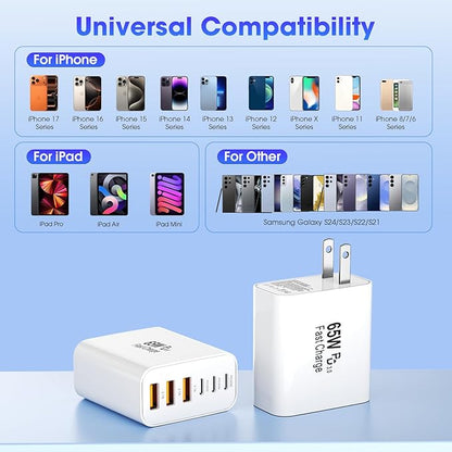 USB C Charger Block,2 Pack 65W 6 Port USB C Wall Charger,6 in 1 iPhone Charger Fast Charging PD+QC Power Adapter Multiport Type C Brick Chargers for iPhone 17/16/15/14/13/12/Pro Max/XS/Samsung
