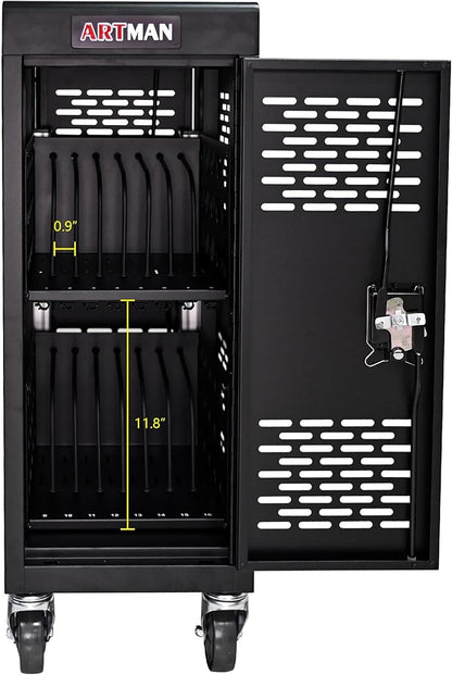 16-Device Mobile Charging Cart with Charging Power Strip and Front and Rear Access Locks, Cable Management, Up to 14", Safe Charging Cabinet for Chromebooks, Tablets, Laptops Black