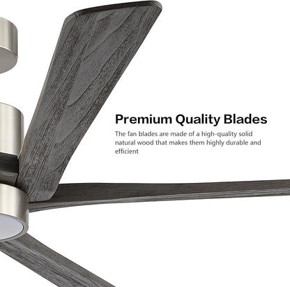 WINGBO 64 Inch DC Ceiling Fan with Lights and Remote Control, 5 Reversible Carved Wood Blades, 6-Speed Noiseless DC Motor, Modern Ceiling Fan in Brushed Nickel Finish with Gray Blades, ETL Listed