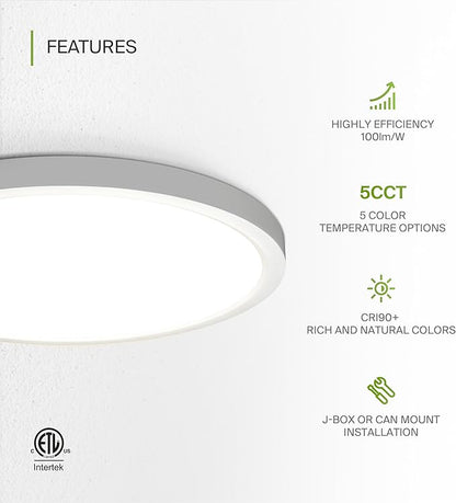 ASD LED 12" Round Flush Mount Ceiling Light Fixture, Low Profile Surface Lighting | 5CCT, Dimmable, Ultra-Thin, ETL Listed | 24W 2000LM 2700-6000K 100-277V | Kitchen, Hallway Lamp | White, 12 Pack