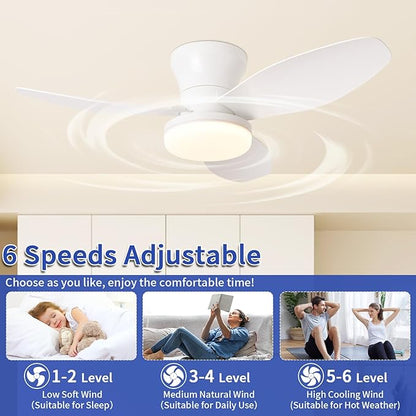 Glowall Small Ceiling Fan with Lights, 32 Inch Flush Mount with Remote Control, Reversible Quiet DC Motor, White, 3 Blades, 6 Speeds, Dimmable LED, Adjustable Color Temperature, Timer