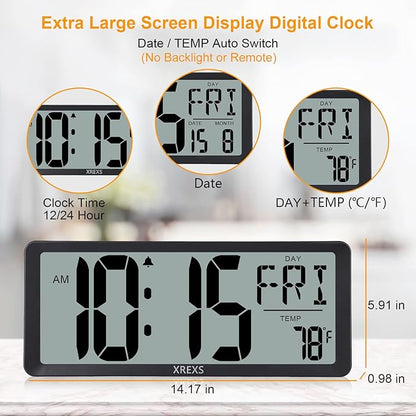 XREXS Large Digital Wall Clock, Battery Operated Alarm Clocks for Bedroom Home Decor, Count Up & Down Timer, 14.17 Inch Large LCD Screen with Time/Calendar/Temperature Display (Batteries Included)