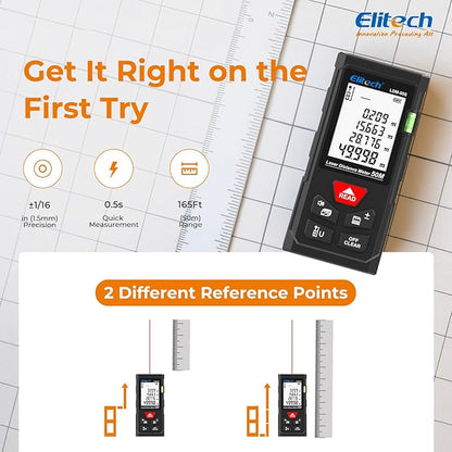 Elitech Laser Measure 165ft, Digital Laser Tape Measure for Home Decor & DIY, Handheld Distance Meter with Bubble Level, 99 Data Memory - Easier Than Metal Tape (Battery & Hand Strap Included)