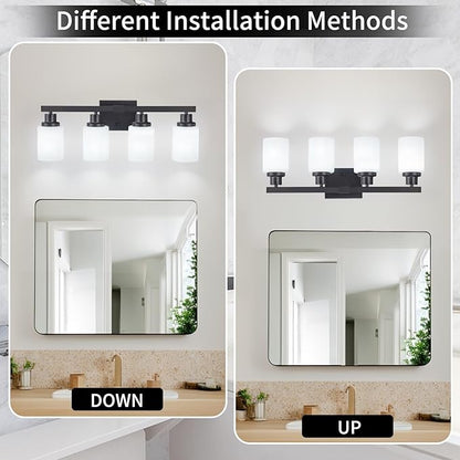 DIKAIDA Bathroom Light Fixtures, 4-Light Matte Black Bathroom Vanity Lights with Milky White Glass Shade, Bathroom Lights Over Mirror Wall Lamp Sconces for Mirror Bedroom, Living Room Hallway