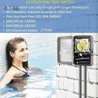 T101M Pool Timer Mechanism Only, Pool Pump Timer, 120V 2HP SPST 40A Time Switch, 24 Hour 12 ON/Off for Pool Pump, Heavy-Duty Mechanical Time Switches,Time Switch Mechanism Only, 5 Years Warranty