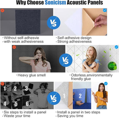 Sonicism 12 Pack X-Lined Acoustic Panels with Self-Adhesive, 12"X 12"X 0.4" Sound Proof Foam Panels, Decorative Soundproof Wall Panels, Sound Absorbing Tile for Home & Offices, White