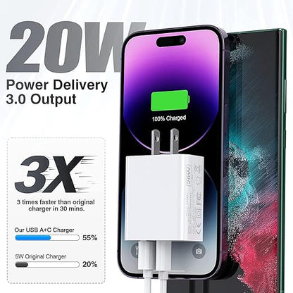 USB C Charger Block,3Pack 20W Dual Port USB C Wall Charger Plug Fast Charging Adapter USB A Quick Charging Brick Plug for iPhone Air/17 Pro Max/16E/16 ProMax/16Plus/15/14/13/12/11/XS,iPad Pro,AirPods