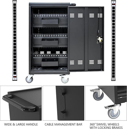 TIOPLY Laptop Charging Cart, 45 Device Tablet Storage Carts for iPad Up to 16.3-inch Screen Size, Mobile Charging Station for Classroom, with Cord Organizer,Black