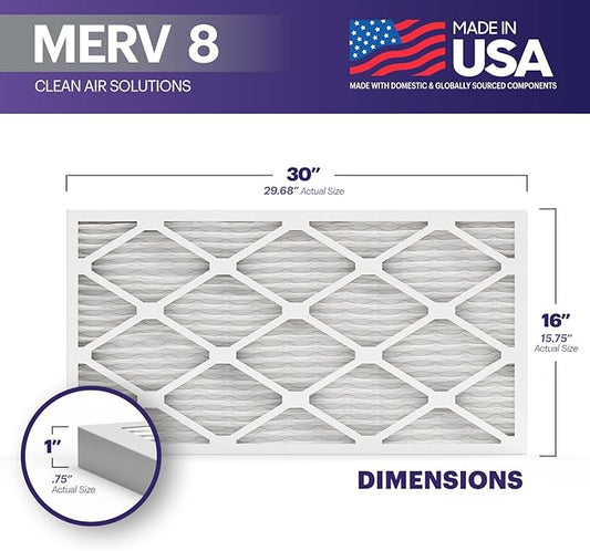 BNX TruFilter 16x30x1 Air Filter MERV 8 (4-Pack) - MADE IN USA – Dust & Pet Defense Electrostatic Pleated Air Conditioner HVAC AC Furnace Filters for Dust, Pet, Mold, Pollen MPR 600 – 700 & FPR 5