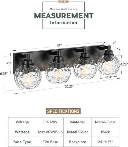 METWET Bathroom Light Fixtures Over Mirror, 26" Matte Black Vanity Light with Clear Hammered Glass Globe Shade, 4-Light Modern Sconces Wall Lighting for Bedroom Hallway, VL200-MB-CL-4