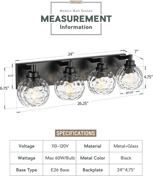 METWET Bathroom Light Fixtures Over Mirror, 26" Matte Black Vanity Light with Clear Hammered Glass Globe Shade, 4-Light Modern Sconces Wall Lighting for Bedroom Hallway, VL200-MB-CL-4