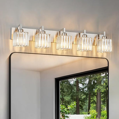 FDPBY Modern Bathroom Vanity Light 5-Lights Brushed Nickel Vanity Light Crystal Wall Light Bathroom Light Fixtures