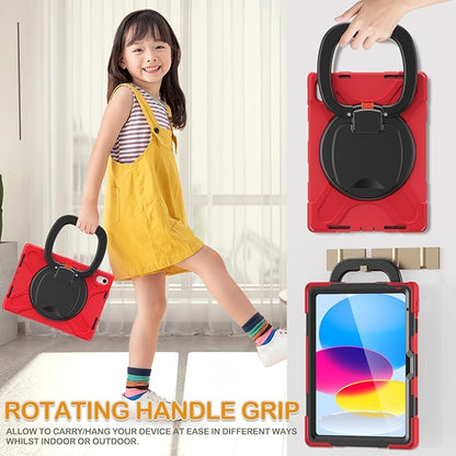 BRAECN Kids Case for iPad (A16) 11th/10th Generation 11”/10.9'' 2025/2022, Heavy Duty Rugged Silicone Cover w/Swivel Ring Stand/Stable Kickstand/Shoulder Strap/Pencil Holder/Screen Protector, Red