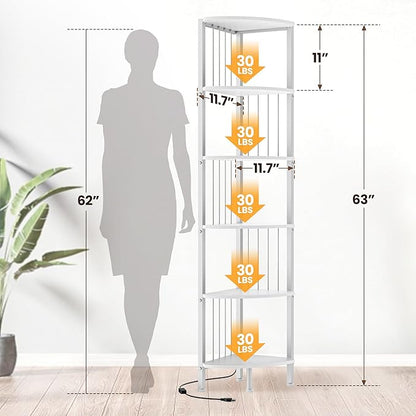 MonaSixy 6 Tier Corner Shelf with Light, Music Synic 60000 DIY LED Color Smart Remote Tall Display Shelves Corner Shelf Stand Bookshelf Wood Rack Metal Frame for Living Game Room Bedroom, White