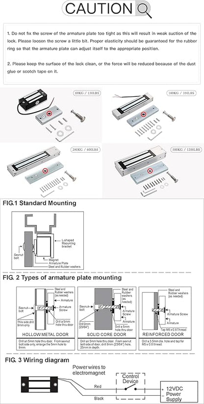 Electric Magnetic Lock 60KG 130LBS Holding Force Electromagnet Lock 12V Fail Safe NC Mode Single Door for Access Control System/Metal Door/Fire Proof Door/Wooden Door/Glass Door etc. (60KG/130LBS)