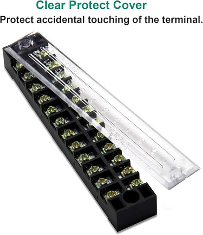 MILAPEAK Terminal Block and Strip - 5pcs 12 Positions 600V 15A Dual Row Screw Terminal Blocks with Cover + 10pcs 400V 15A 12 Positions Pre-Insulated Terminal Barrier Jumper Strips Black & Red