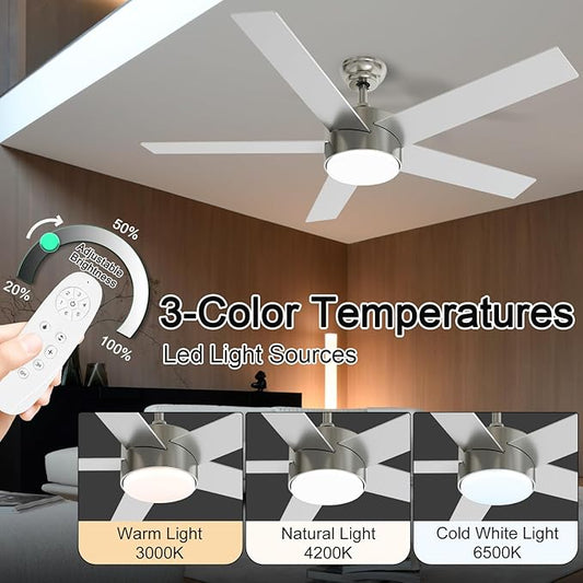 POCHFAN 52 Inch Brushed Nickel Ceiling Fans with Lights,Ceiling Fan with Remote Control,Reversible DC Motor,3 CCT 6-Speed,Noiseless Ceiling Fan for Bedroom,Living Room,Dining Room,ETL Listed