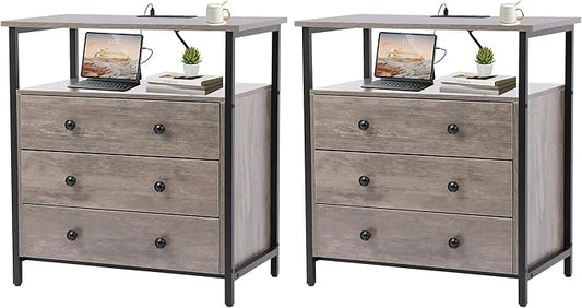 Edbuosy 3 Wooden Drawers Nightstand, 27 Inch Wide Night Stand Set 2 with Charging Station and Adjustable Drawers, Small Dresser for Closet, Bedside Table for Living Room/Bedroom/Office, Gray.