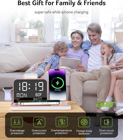 Acer 7-in-1 Wireless Charging Station with LED Clock - 30W Fast Wireless Charger for iPhone 16/15/14/13/12/Pro Max, Apple Watch, AirPods - Bluetooth Auto Time Sync & Night Lights (Pink)