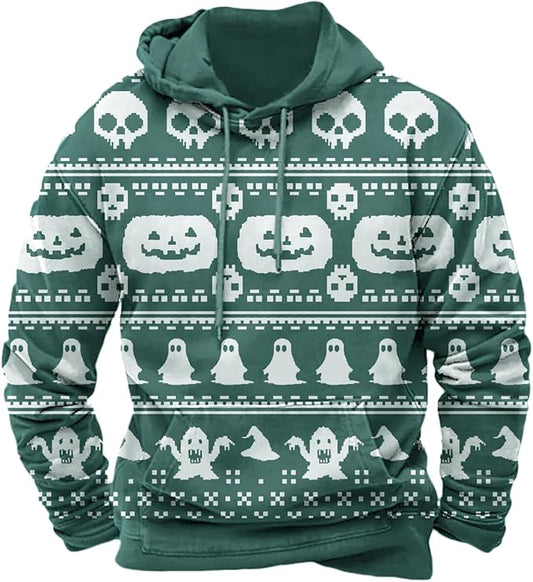 Halloween Hoodie Men Graphic Pumpkin Ghost Printed Sweatshirt Casual Trendy Long Sleeve Halloween Hooded Tops with Pockets