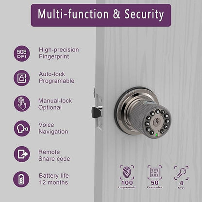 BOTHSTAR Double Sided Keyless Door Knob Lock with Fingerprint and Keypad, Smart Doorknob with Dual Cylinders for Exterior or Interior Door(Double Sided Fingerprint Satin Nickel)