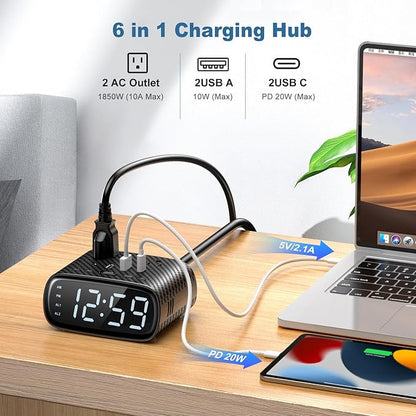 Sussex Alarm Clock with 2 USB-C, 2 USB-A Chargers Power Strip 2 Outlets - Screen LED Dimmable Digital Clock with Snooze Function - Dual Alarm for Bedside Nightstand