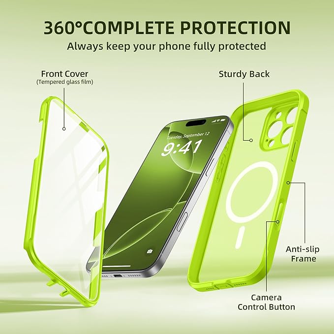 BERFY Magnetic for iPhone 16 Pro Case, Compatible with MagSafe, [Built-in 9H Tempered Glass Screen Protector & Upgraded Camera Protection] Full Body Shockproof Phone case for 16 Pro 6.3", Bright Green
