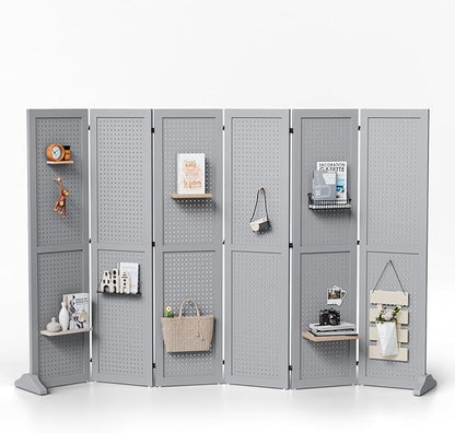 Bonnlo 4/6 Panel Pegboard Freestanding, 5 FT Portable Display Board Organizer for Craft Show Jewelry, Wooden Folding Privacy Screen Room Divider (Grey, 6 Panel with Base)