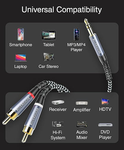 BlueRigger 3.5mm to RCA Audio Cable (25FT, RCA Male to Aux Audio, Braided, Headphone Jack Adapter, Metal Shell) - for Phones, Amplifiers, Tablets, Home Theater, Speakers, HDTV