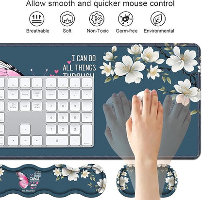 Ergonomic Keyboard Wrist Rest & Mouse Pad Wrist Rest Set, Large XXL Gaming Desk Mat 31.5"x 11.8" with Non-Slip Base for Home Office Study Gaming, Floral Butterfly Quote Bible Verse Philippians 4:13