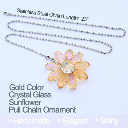 LEFERS Ceiling Fan Pull Chain, 2 Pieces 1.8" Crystal Glass Flower Pendants with 24" Ceiling Fan Chain Extender and Connector (Gold)