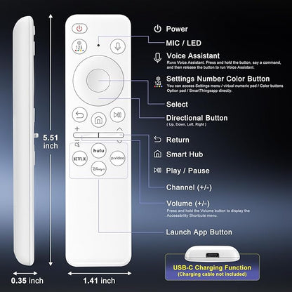Voice Rechargeable Remote for Samsung-Smart-TV-Remote-Control, Replacement Compatible for Samsung Frame QLED Crystal UHD Solar Smart TVs