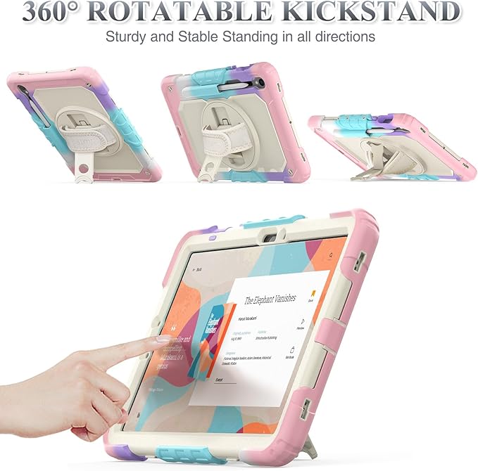 SEYMAC stock Case for Samsung Galaxy Tab S10 FE / S9 / S9 FE 5G Tablet Case Protective with Screen Protector, Pencil Holder, 360 Rotate Stand, Hand Strap, Shoulder Strap, Beige+Pink